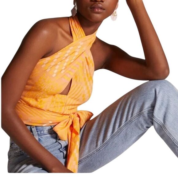 Eva Franco Anthropologie Citrus Orange Knit Summer Wrap Halter Top - Picture 2 of 9